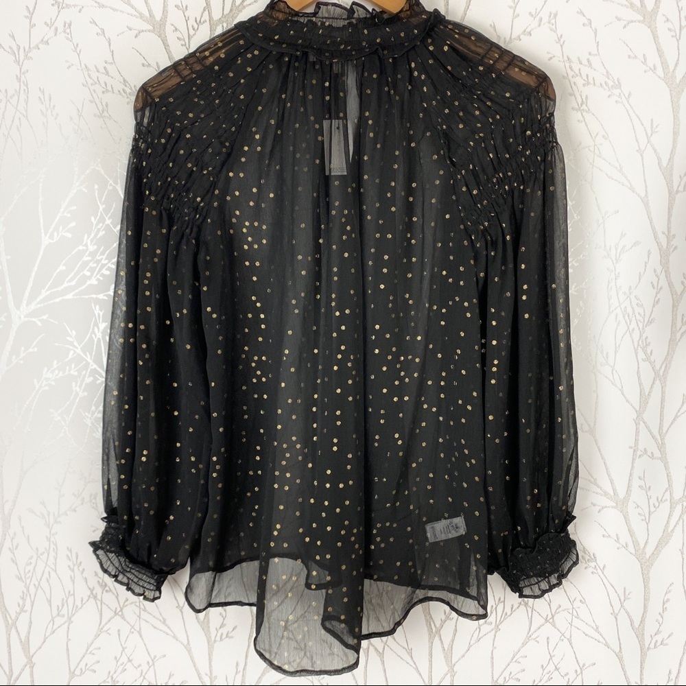 LOFT Sheer Black & Gold Dot Peasant Blouse Ruffle - Picture 1 of 8
